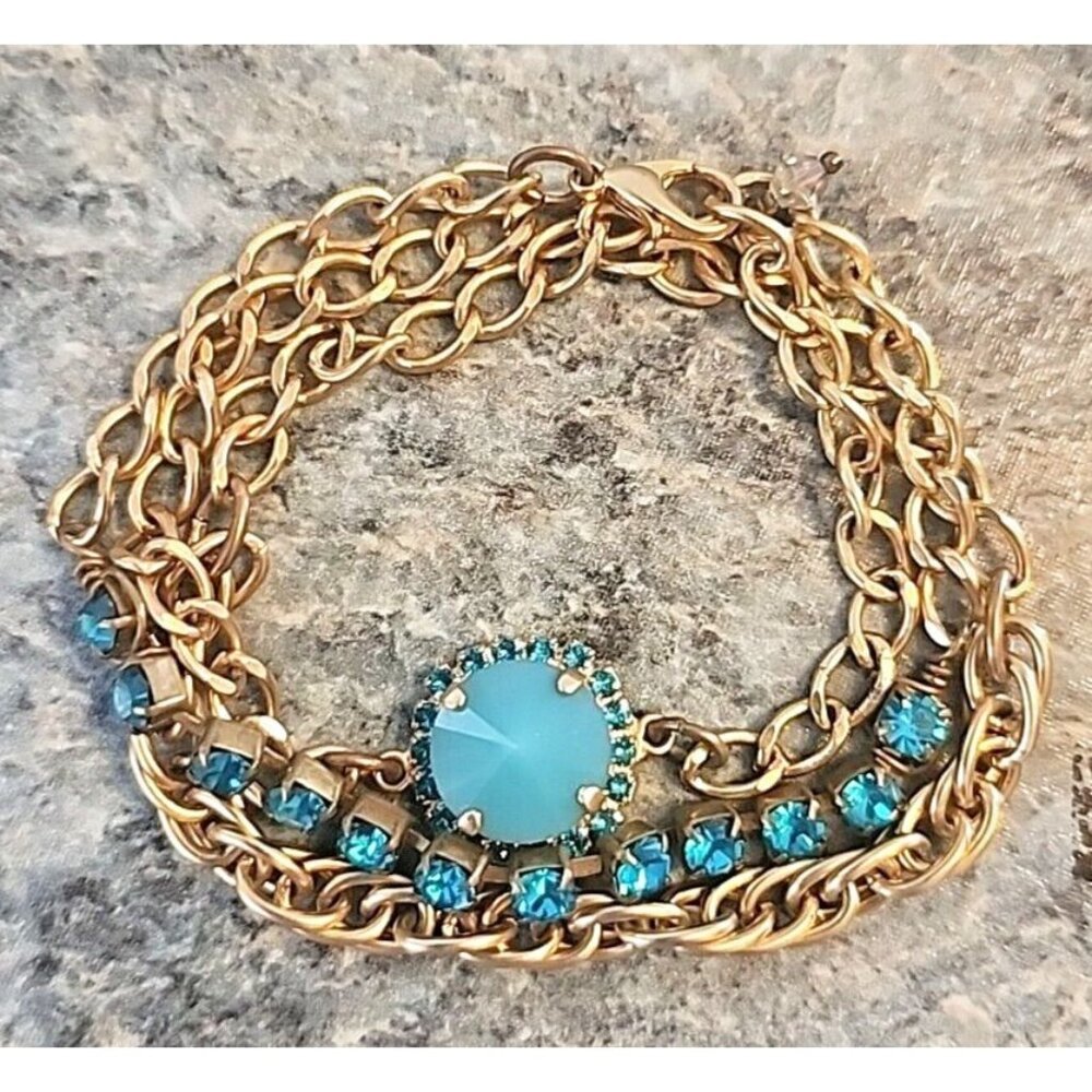 Teal Crystal and Goldtone Wrap Bracelet 20 Inches Long